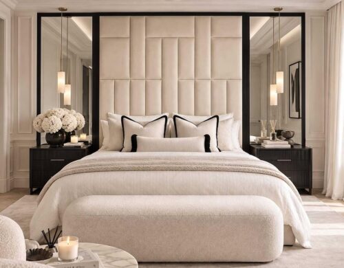 A luxury cream bedroom with a tall paneled headboard wall flanked by black-framed mirrors, cylindrical pendant lights, and a boucle bench at the foot of the bed.