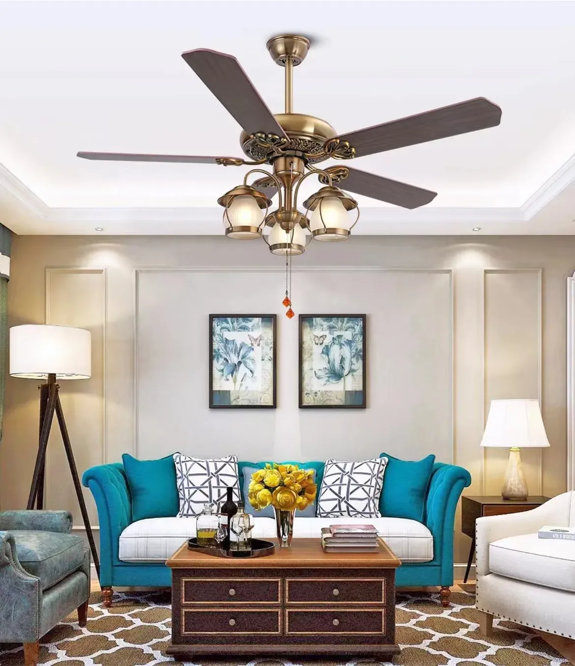 bronze-vintage-ceiling-fan-glass-bulb-cluster-living-room