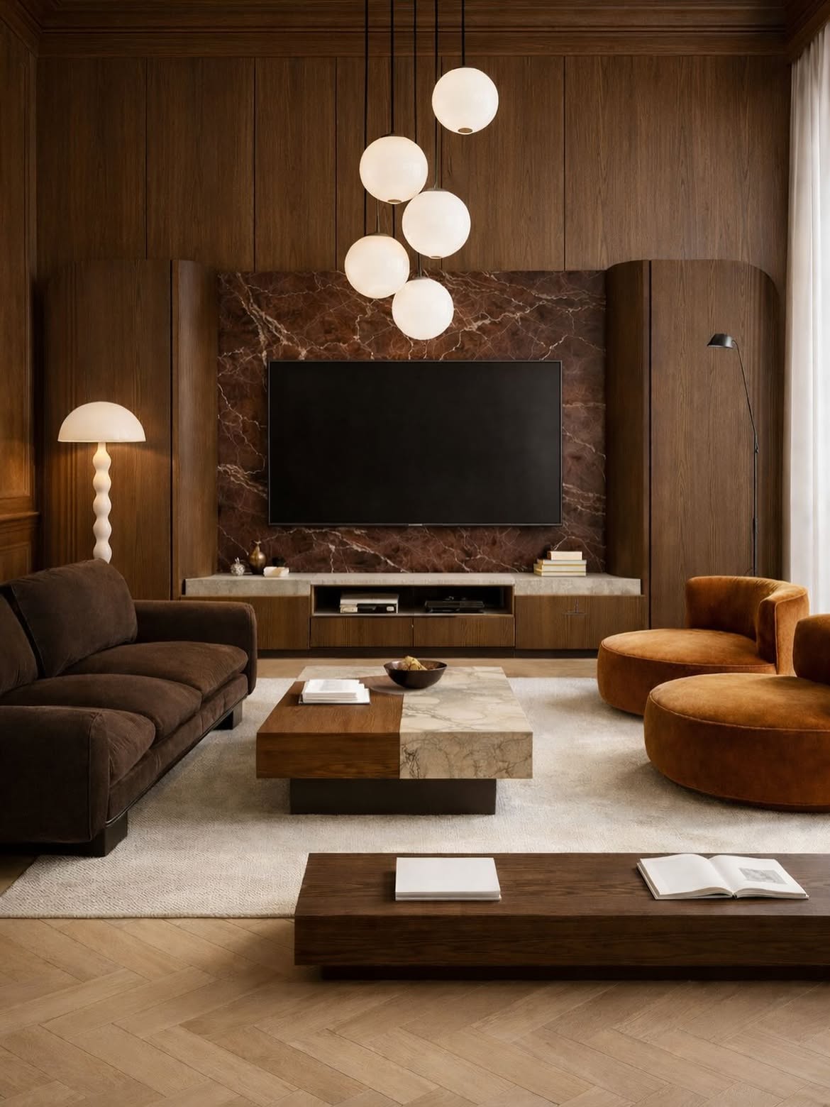 brown-corduroy-sofa-marble-tv-wall-living-room