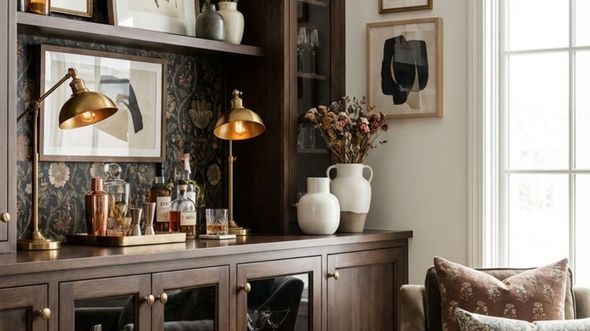 built-in-bar-cabinet-dark-wood-botanical-wallpaper-glass-doors