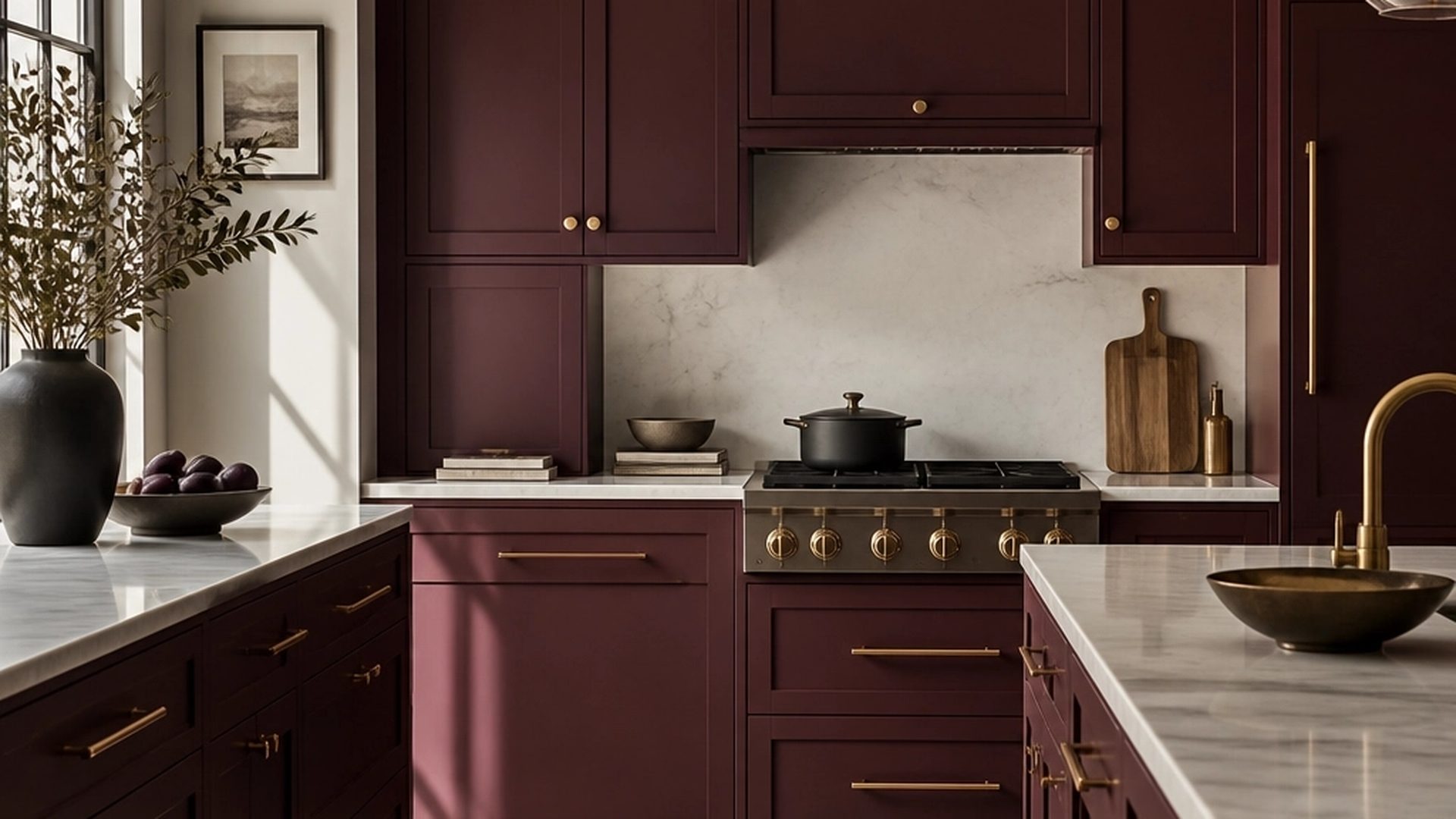 burgundy-shaker-kitchen-cabinets-brass-hardware-marble-backsplash