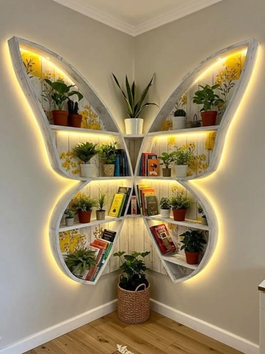 A large butterfly-shaped corner shelf with LED backlighting, filled with potted plants and books against a floral panel backing.