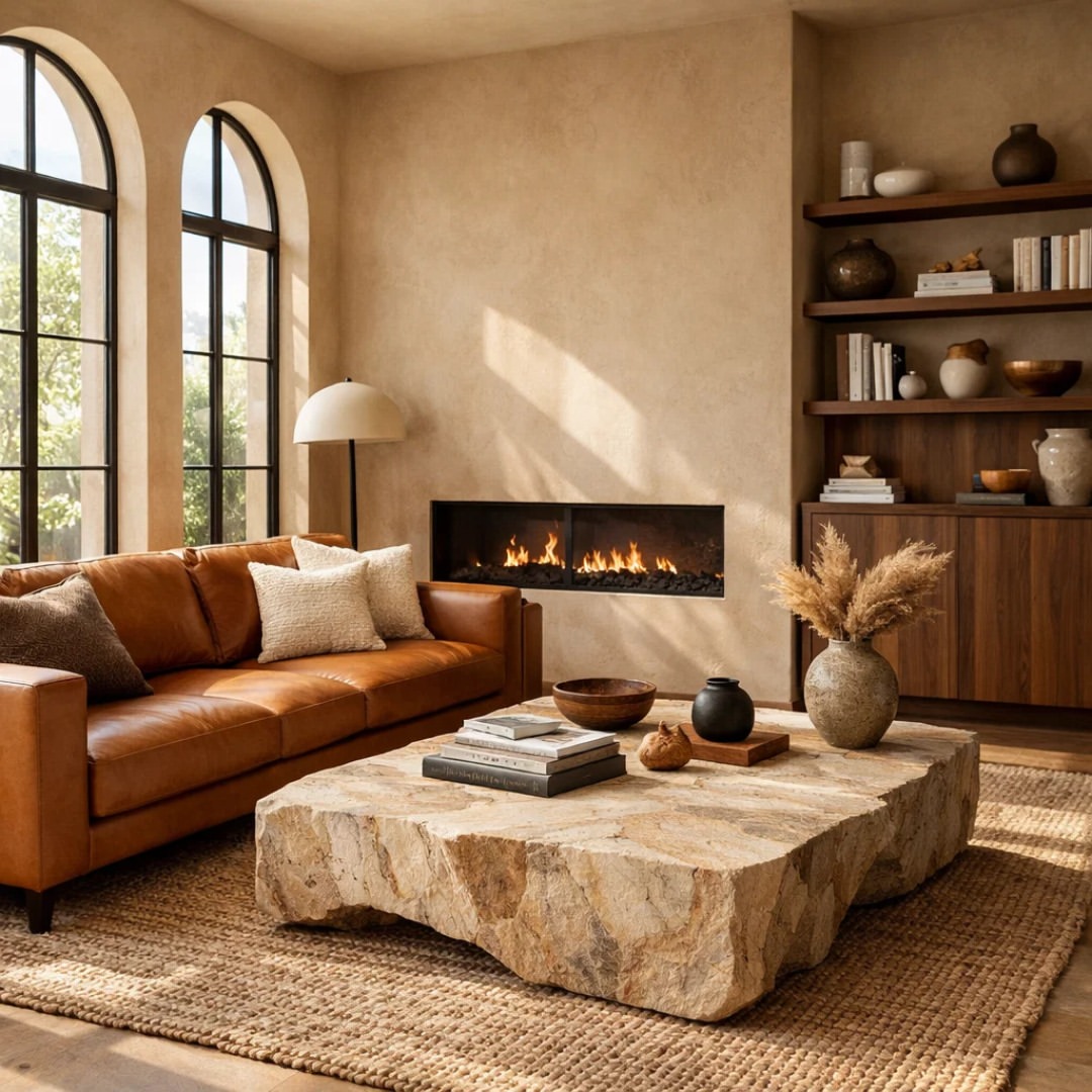 caramel-leather-sofa-stone-coffee-table-living-room