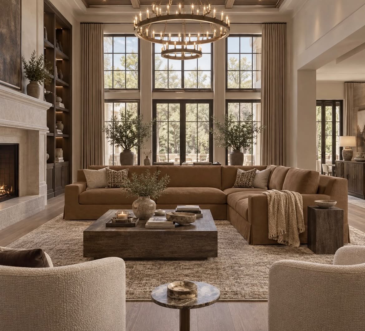 caramel-velvet-sectional-double-height-living-room