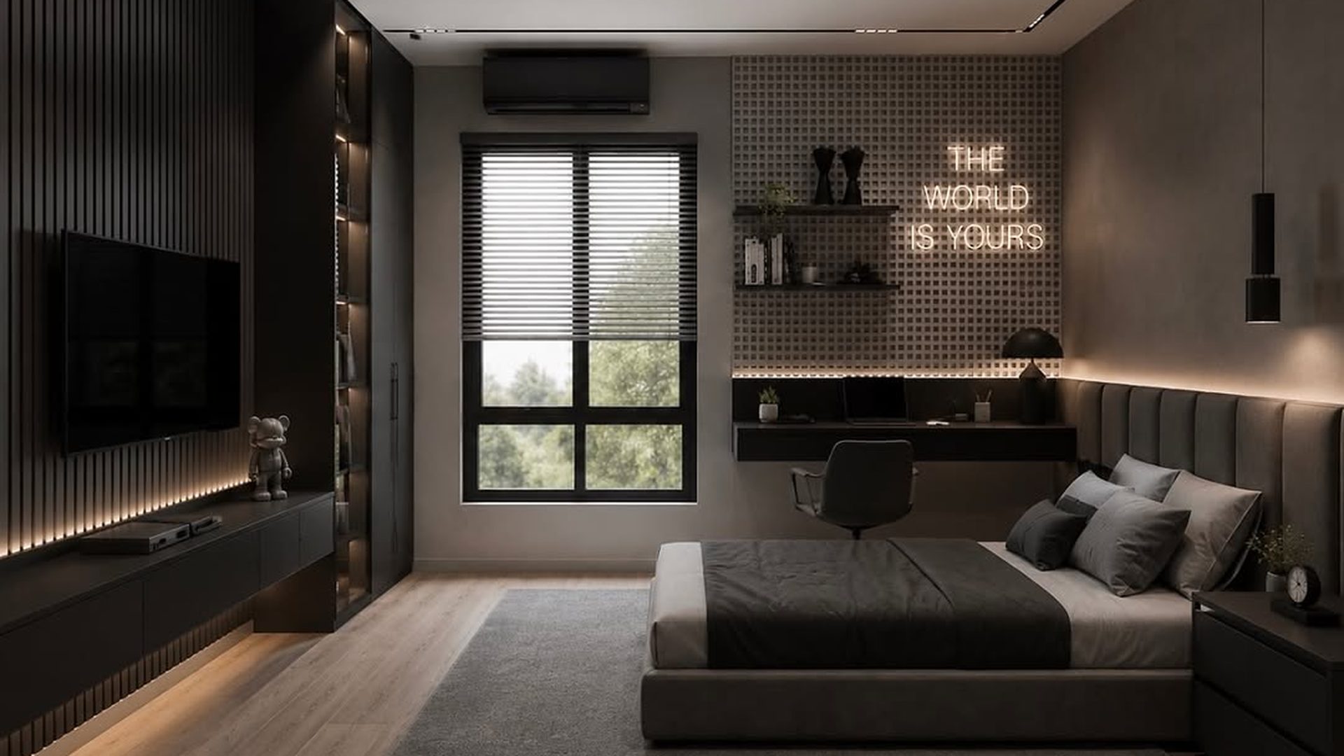 charcoal-loft-bedroom-slat-wood-paneling-neon-sign-clean-aesthetic