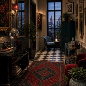 A moody maximalist entryway with black and white checkered marble floor, red Persian rug, gold-framed mirrors, a mirrored bar cart, and a city skyline through tall windows at dusk.