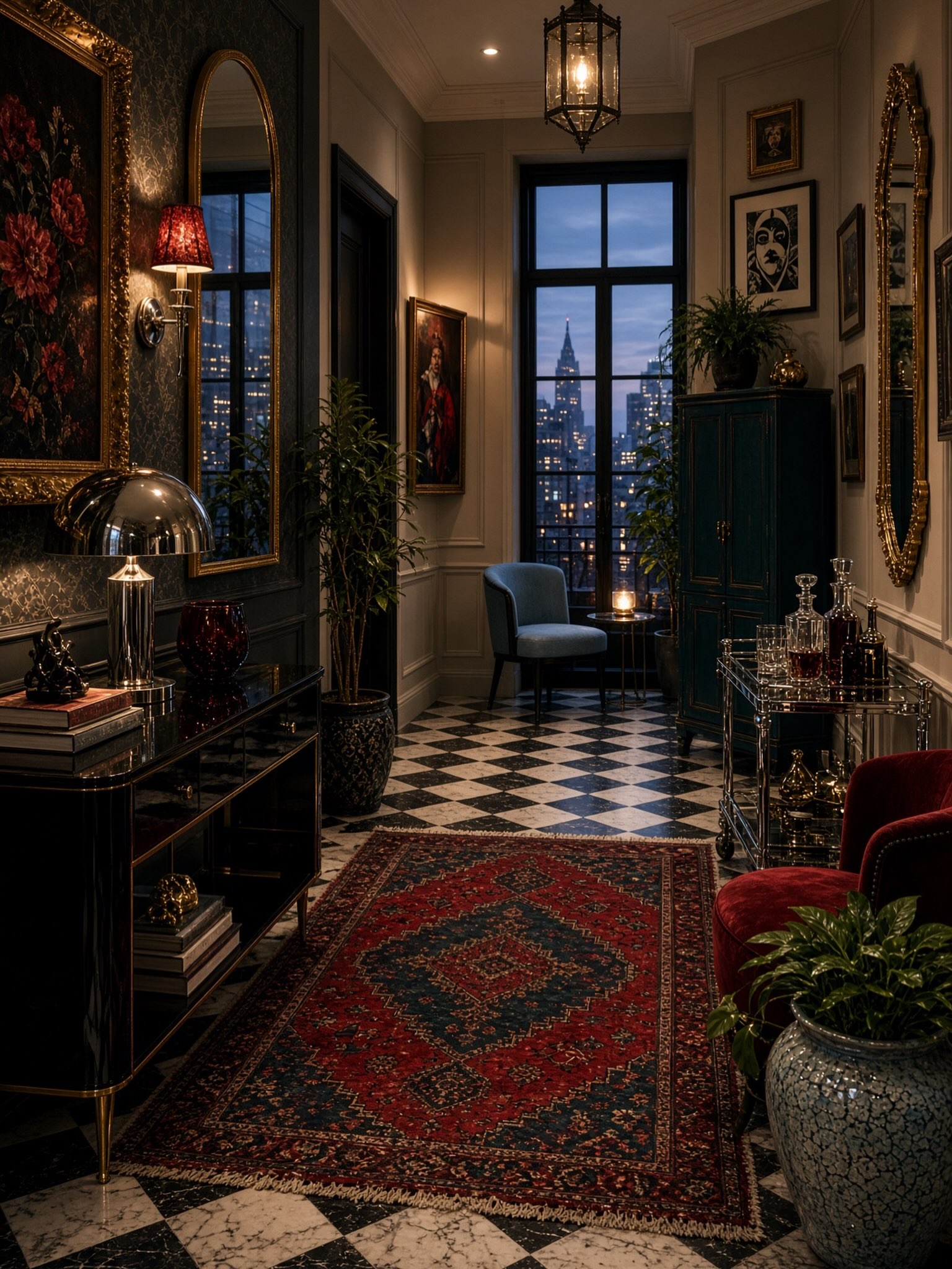 A moody maximalist entryway with black and white checkered marble floor, red Persian rug, gold-framed mirrors, a mirrored bar cart, and a city skyline through tall windows at dusk.