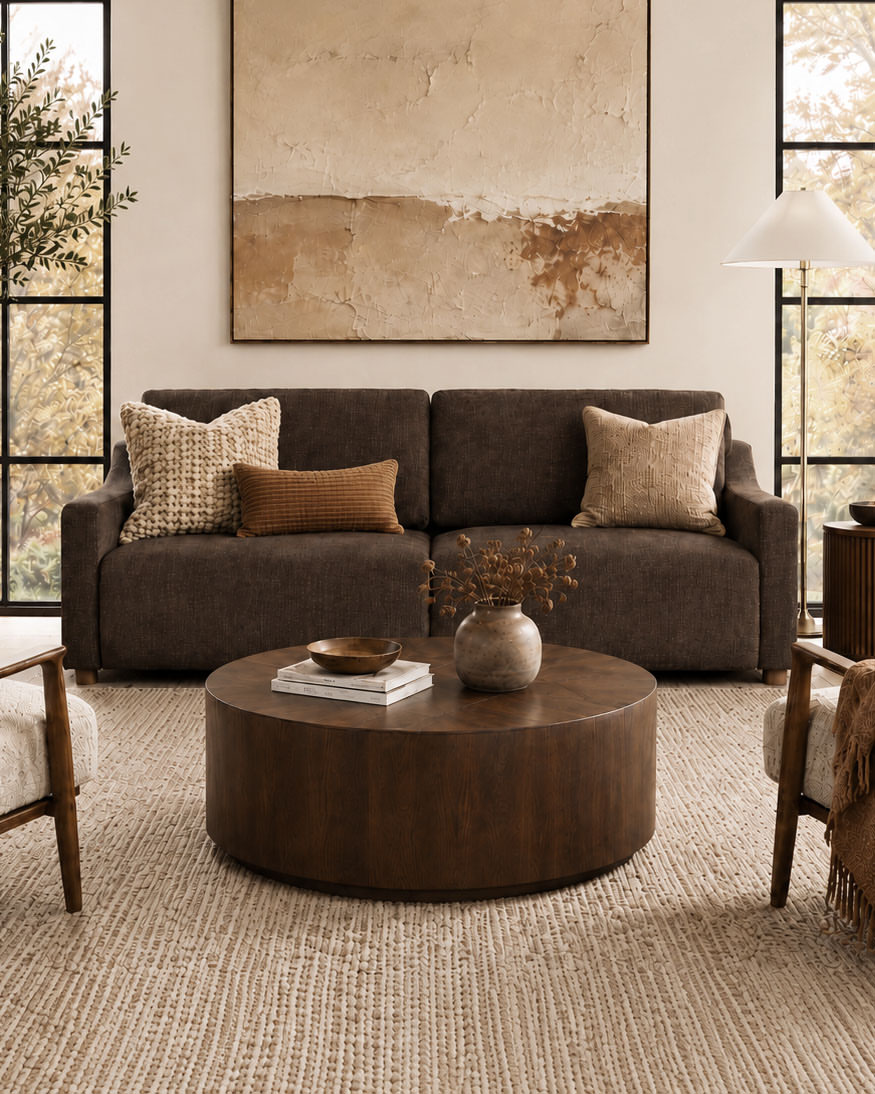 chocolate-chenille-sofa-round-wood-coffee-table