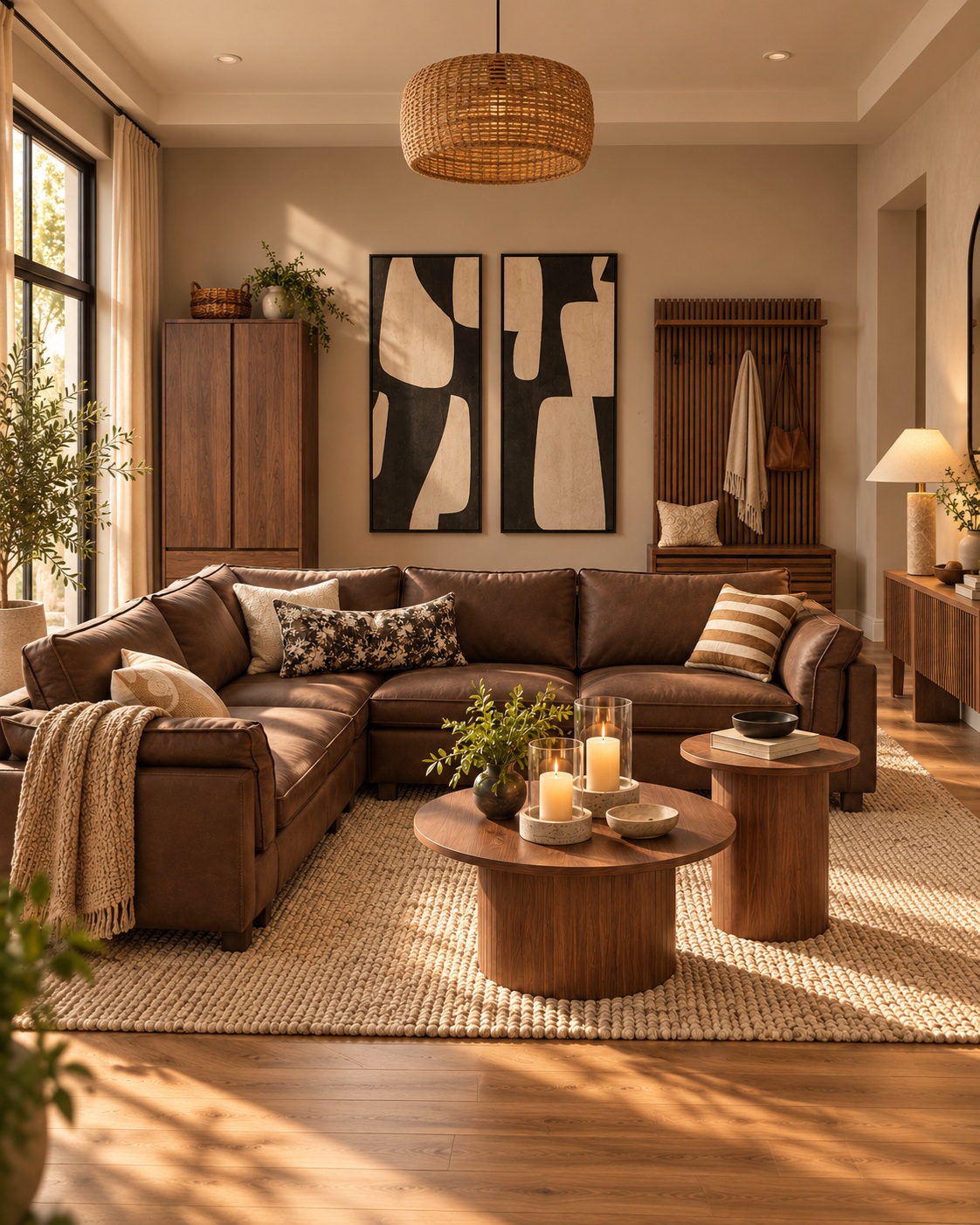 chocolate-leather-sectional-rattan-pendant-living-room