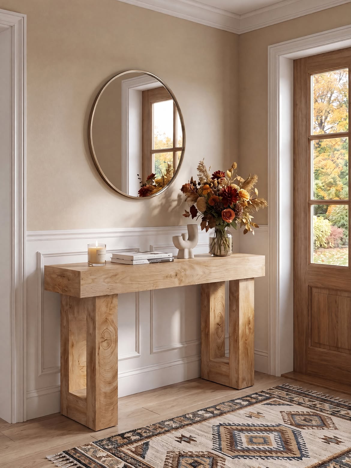 chunky-oak-console-table-round-mirror-hallway