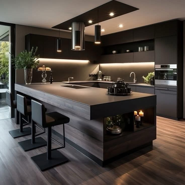 contemporary-kitchen-black-cabinet-open-shelf