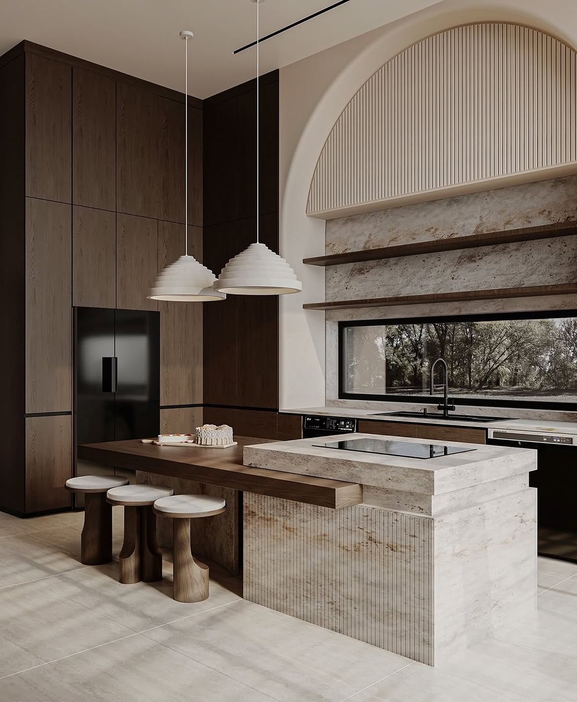 contemporary-kitchen-dark-wood-arched-niche