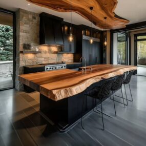A modern kitchen with a massive live-edge wood island countertop and matching ceiling slab, black cabinets, stacked stone range wall, and woven black bar stools.