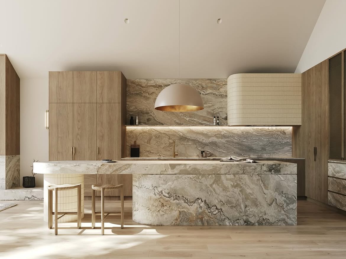 contemporary-kitchen-travertine-oak-dome-pendant