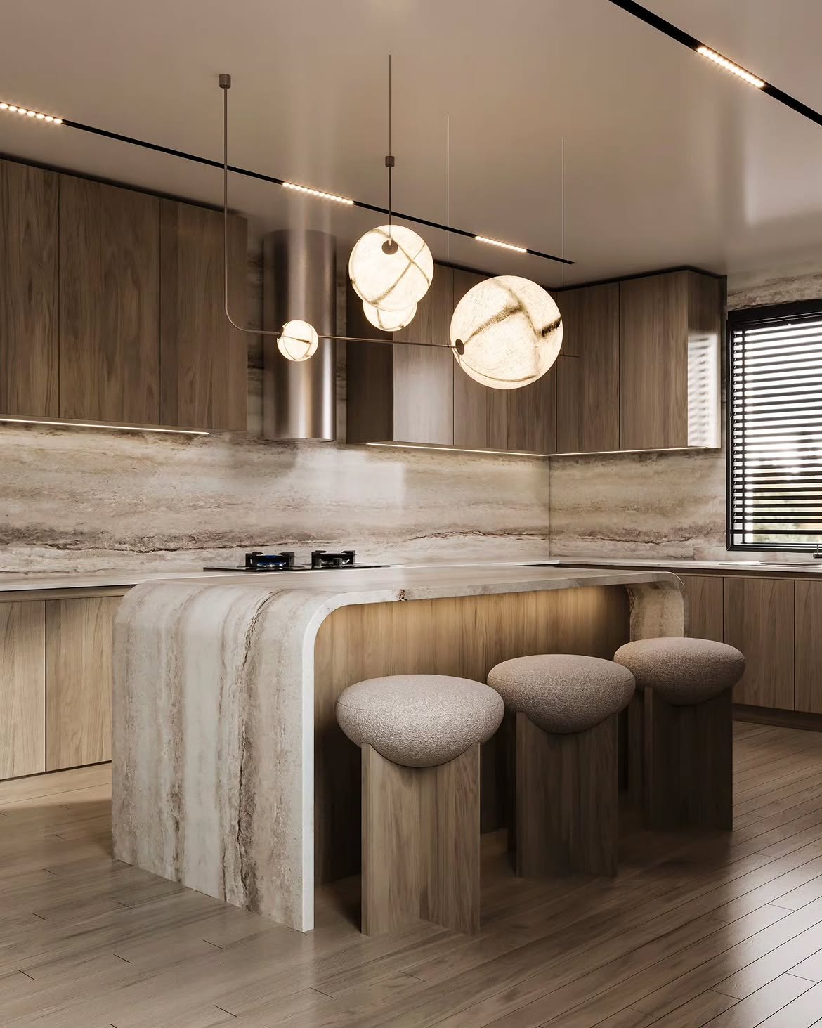contemporary-kitchen-travertine-peninsula-boucle-stools