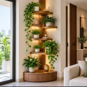A wood slat corner plant shelf tower with backlit tiered shelves holding trailing pothos, a peace lily, and small decor objects next to a cream sofa.