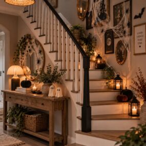 A cozy entryway staircase decorated for Halloween with a gold-framed gallery wall covered in cobwebs and bats, lit lanterns and pumpkins on each step, ghost candles, and a wood console table.