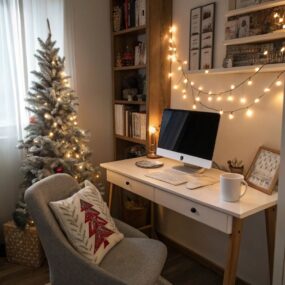 A small home office nook with a white desk and iMac, gray chair with holiday pillow, flocked Christmas tree, and fairy lights draped above.