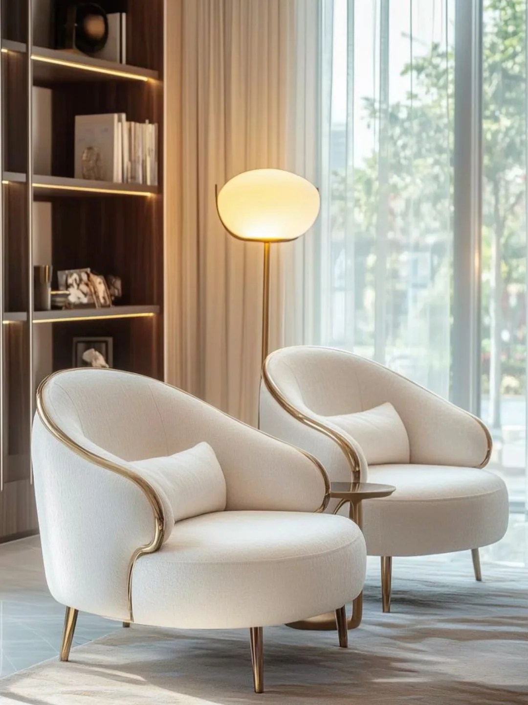 Two cream curved barrel chairs with gold trim and legs, grouped around a small side table and pebble-shaped floor lamp in a sunlit sitting area.