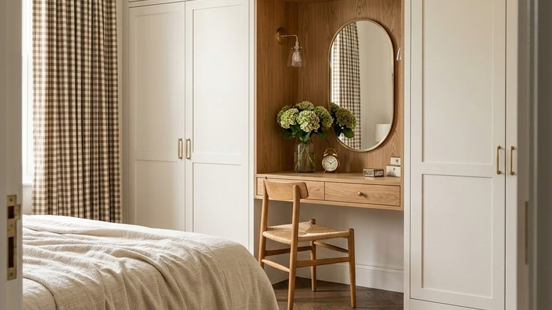 cream-shaker-wardrobe-wall-built-in-oak-vanity-nook-arched-mirror-gingham-curtains