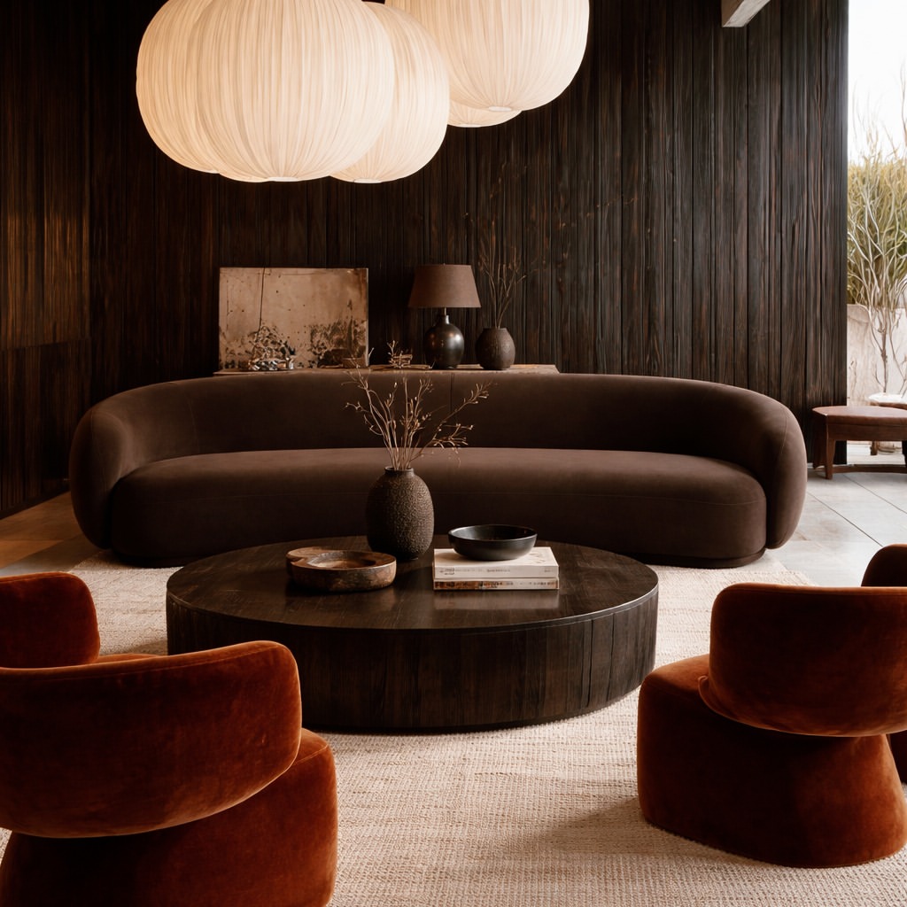 curved-brown-sofa-rust-velvet-chairs-living-room