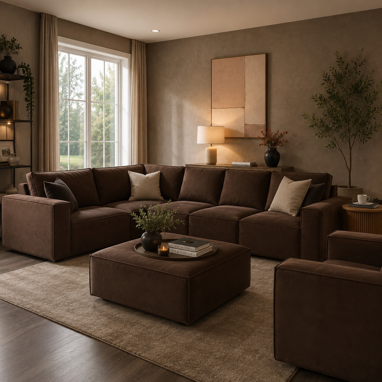 dark-brown-velvet-sectional-matching-ottoman-living-room