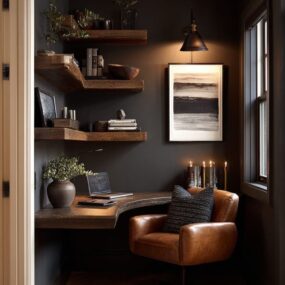 A moody home office nook with a black wall, stacked live-edge wood floating shelves, a built-in wood desk, and a cognac leather swivel chair.