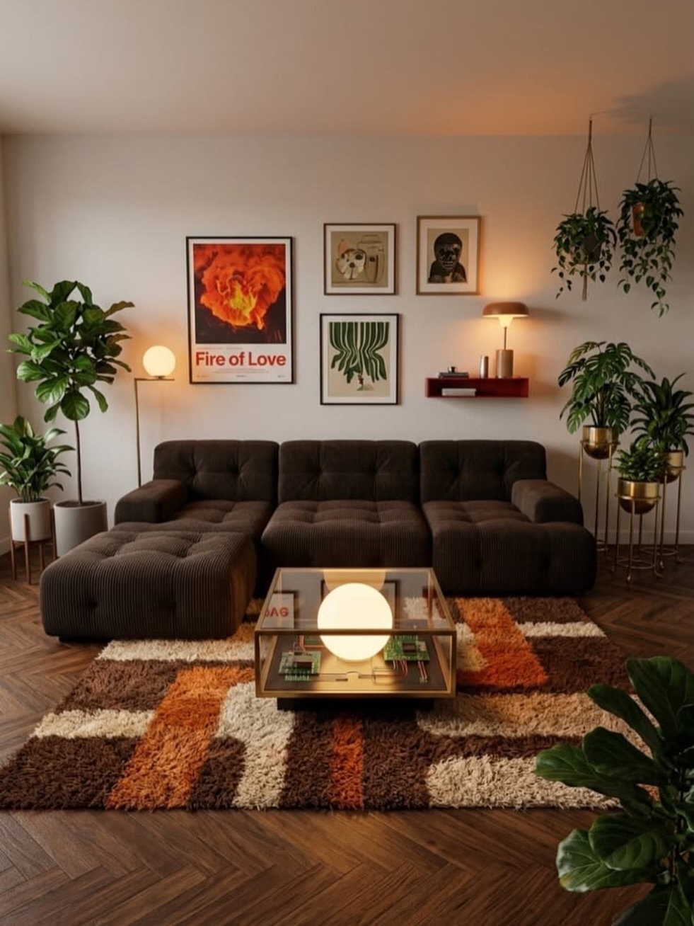 deep-brown-corduroy-sofa-gallery-wall-70s-living-room