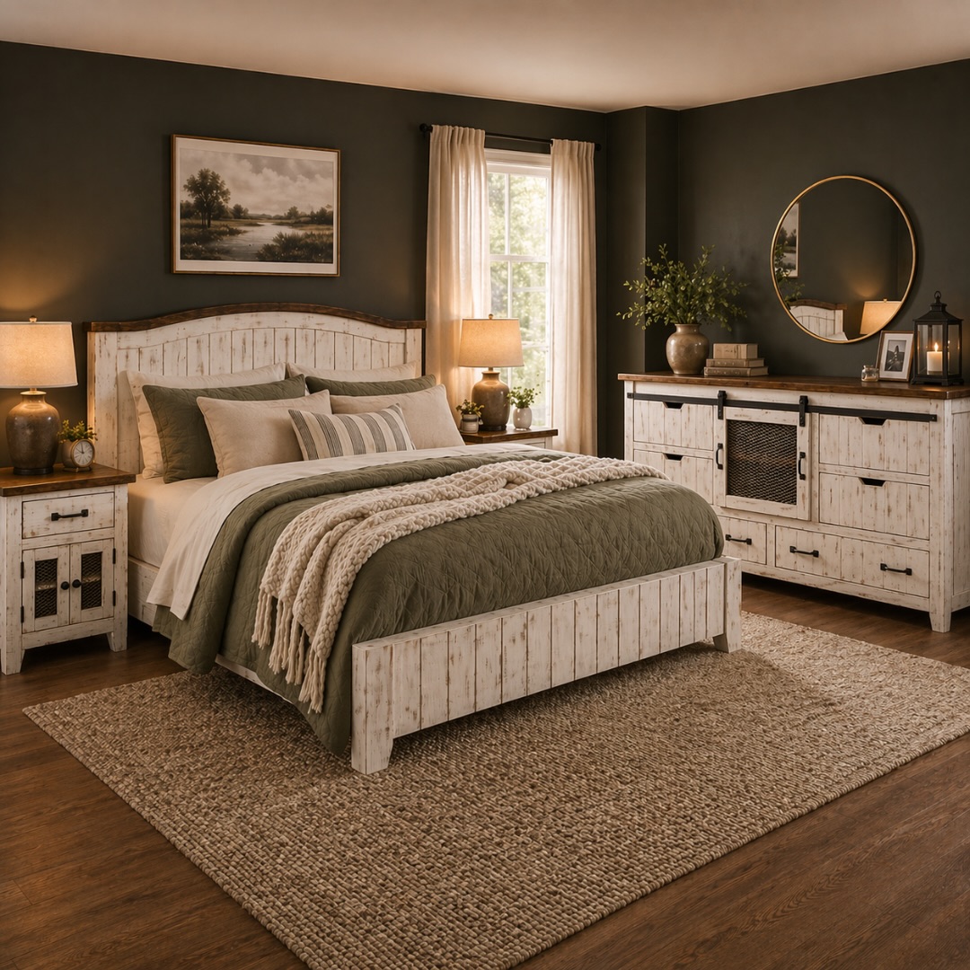 distressed-white-wood-bed-olive-green-quilt-country-bedroom