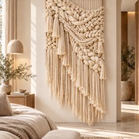 An oversized chunky cream macrame wall hanging with thick braids and long fringe in a sunlit neutral bedroom with linen bedding, a wood nightstand, dome pendant lamp, and olive branches.
