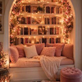 An arched built-in reading nook with pink velvet cushions, a bookshelf wall wrapped in fairy lights and pink floral vines, and a tufted ottoman.