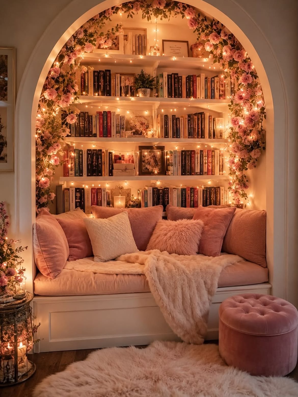 An arched built-in reading nook with pink velvet cushions, a bookshelf wall wrapped in fairy lights and pink floral vines, and a tufted ottoman.