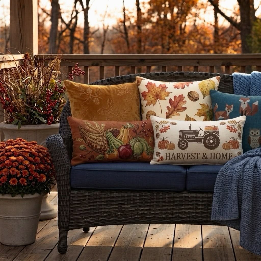 fall-harvest-maple-leaf-fox-tractor-pillows-wicker-loveseat-mums-navy-base