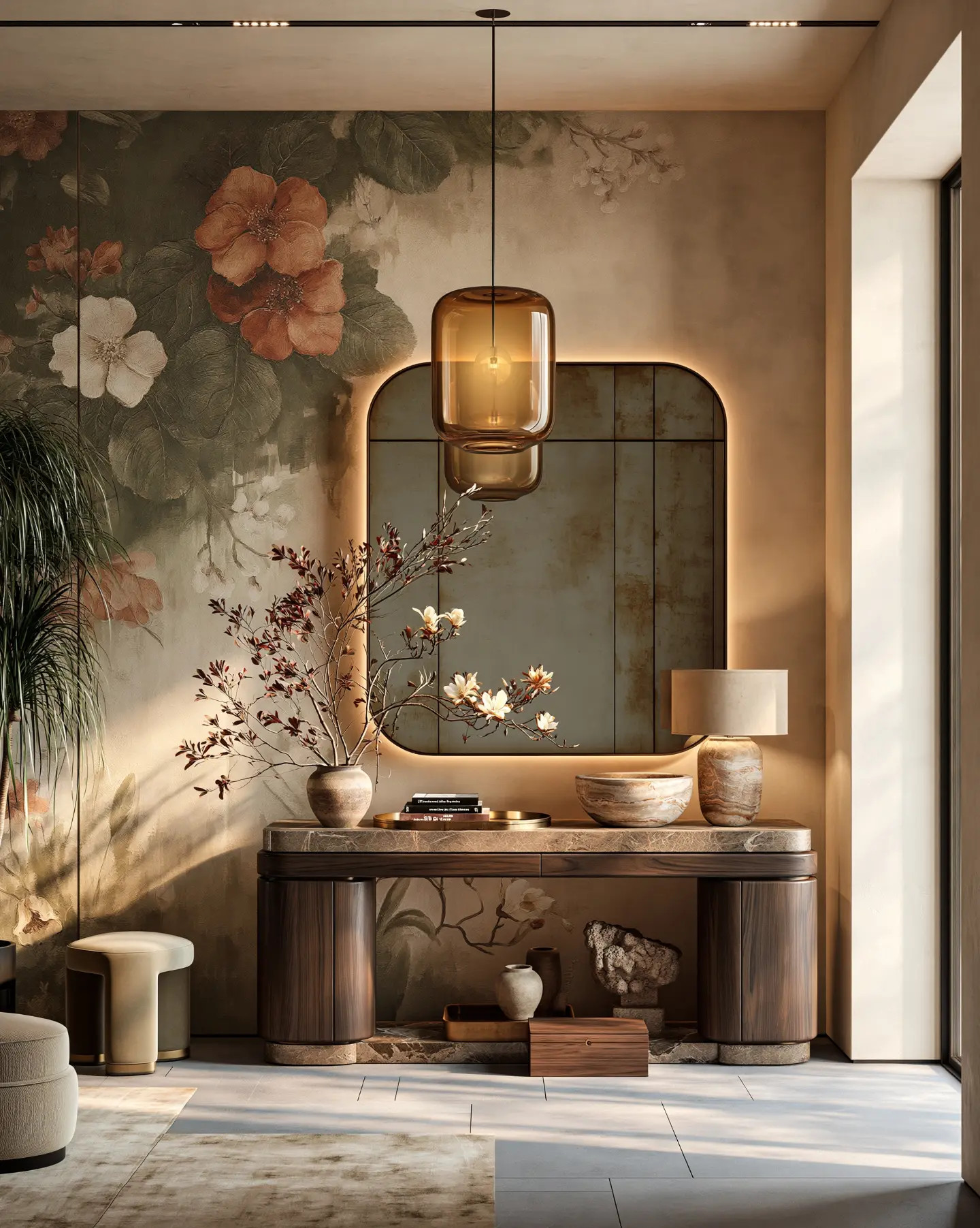 floral-mural-backlit-mirror-foyer