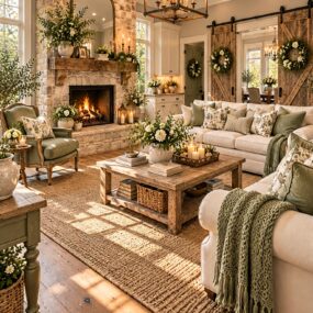 A cottage farmhouse living room with a stone fireplace, cream sofas with sage green pillows and throws, rustic wood coffee table, jute rug, barn doors, lantern chandelier, and floral arrangements.