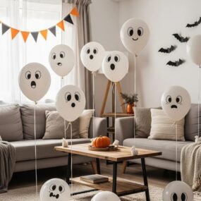 A neutral living room decorated for Halloween with white balloons drawn with ghost faces floating around a gray sofa, pumpkin on the coffee table, orange and black bunting, and bats on the wall.