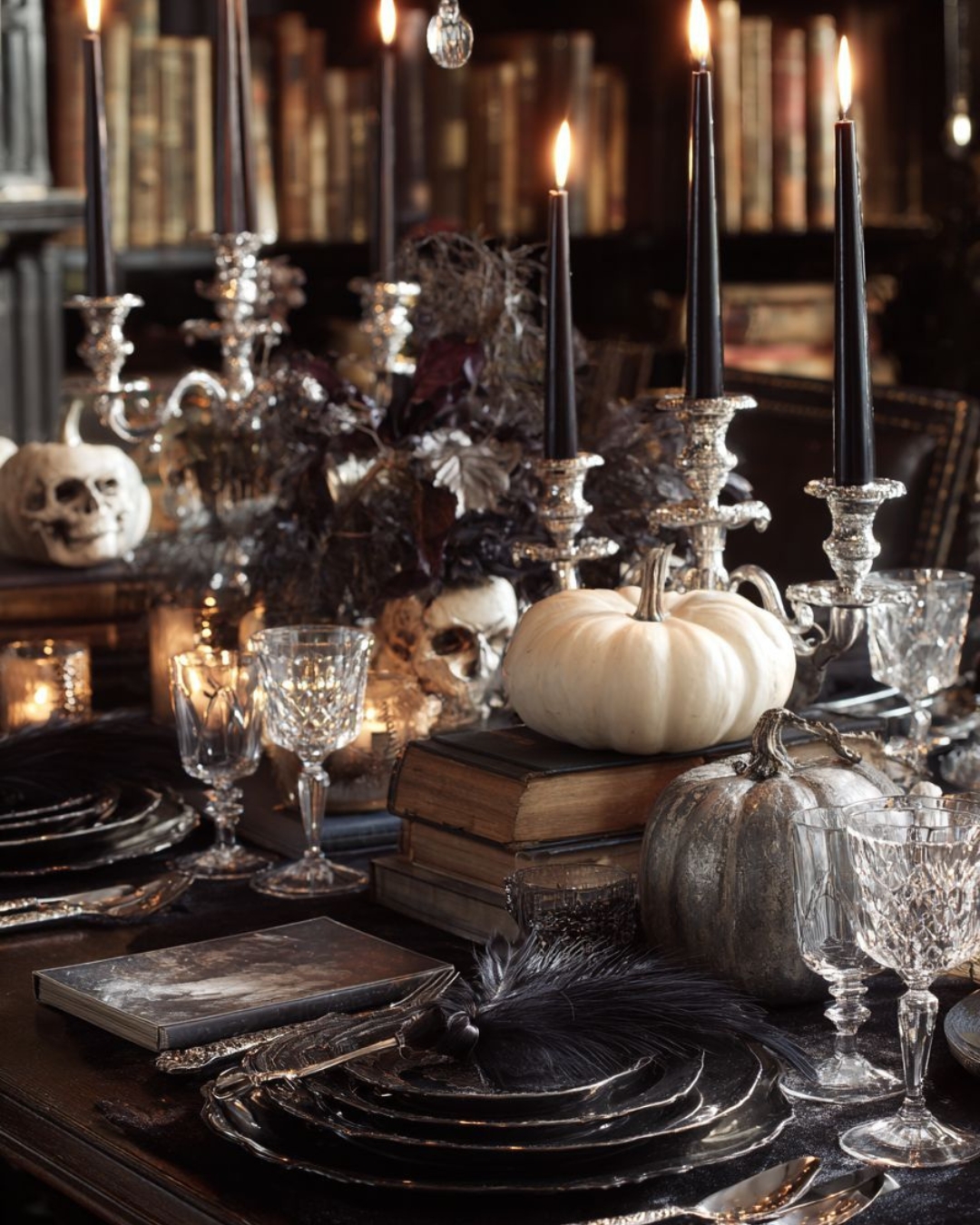 gothic-library-tablescape-with-black-tapers-and-white-pumpkins