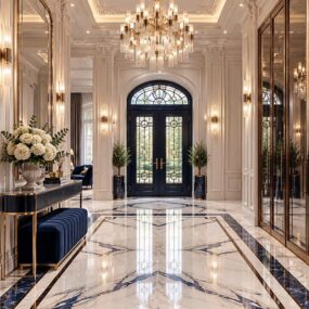 A grand luxury foyer with inlaid white and blue marble floor, crystal and brass chandelier, arched navy double doors, gold-framed mirrors, a velvet bench, and a vase of white hydrangeas.
