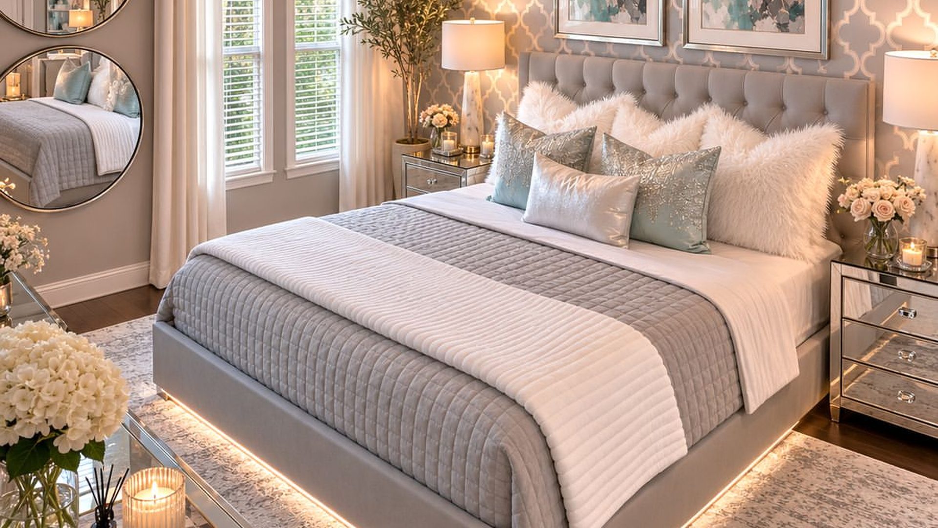 gray-trellis-wallpaper-bedroom-crystal-chandelier-mirrored-nightstands-clean-aesthetic