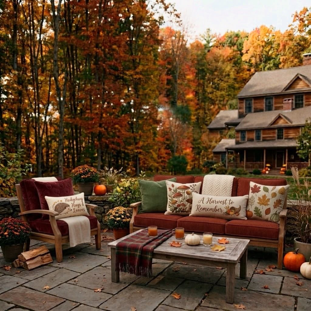 hedgehog-mushroom-harvest-pillows-red-cushion-cabin-patio-sofa-autumn-trees