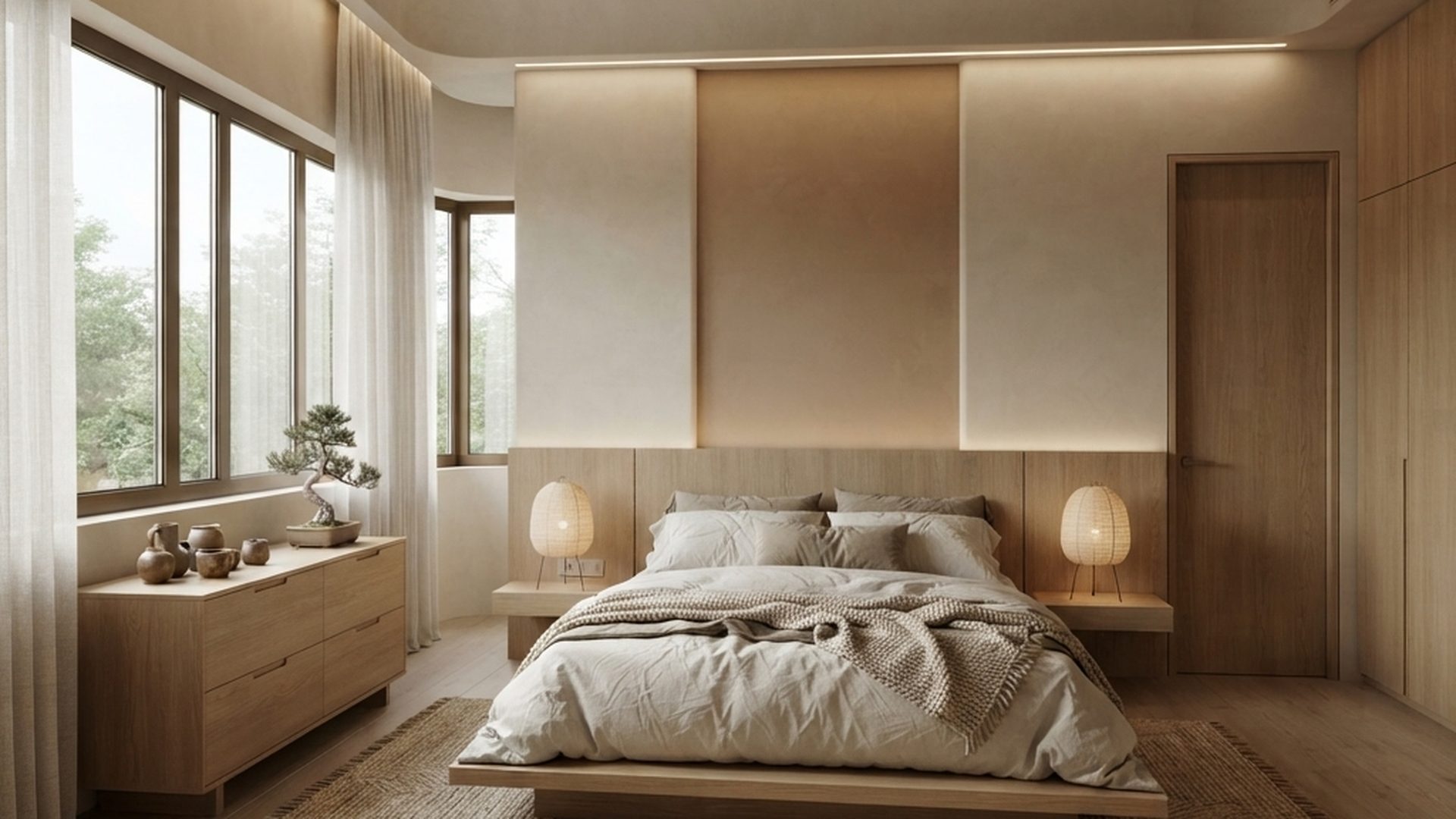 japandi-platform-bedroom-light-wood-bonsai-paper-lamps-clean-aesthetic