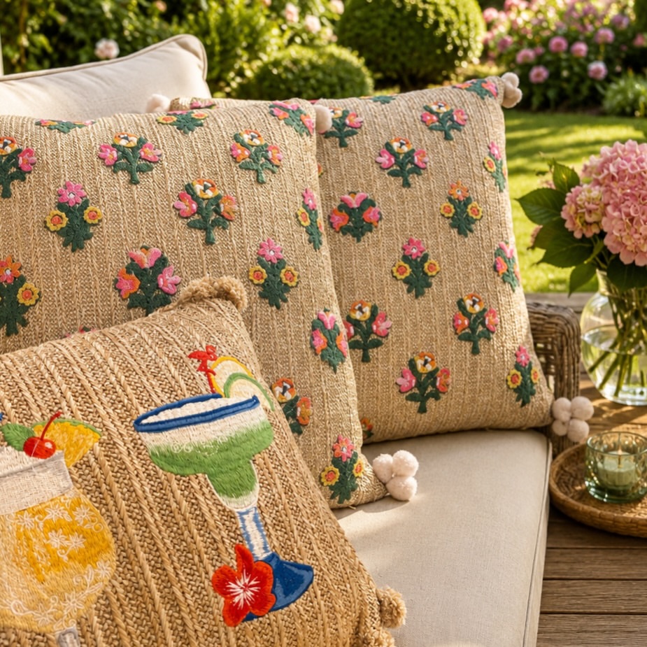 jute-pink-floral-margarita-cocktail-embroidered-cushions-garden-couch-pom-poms