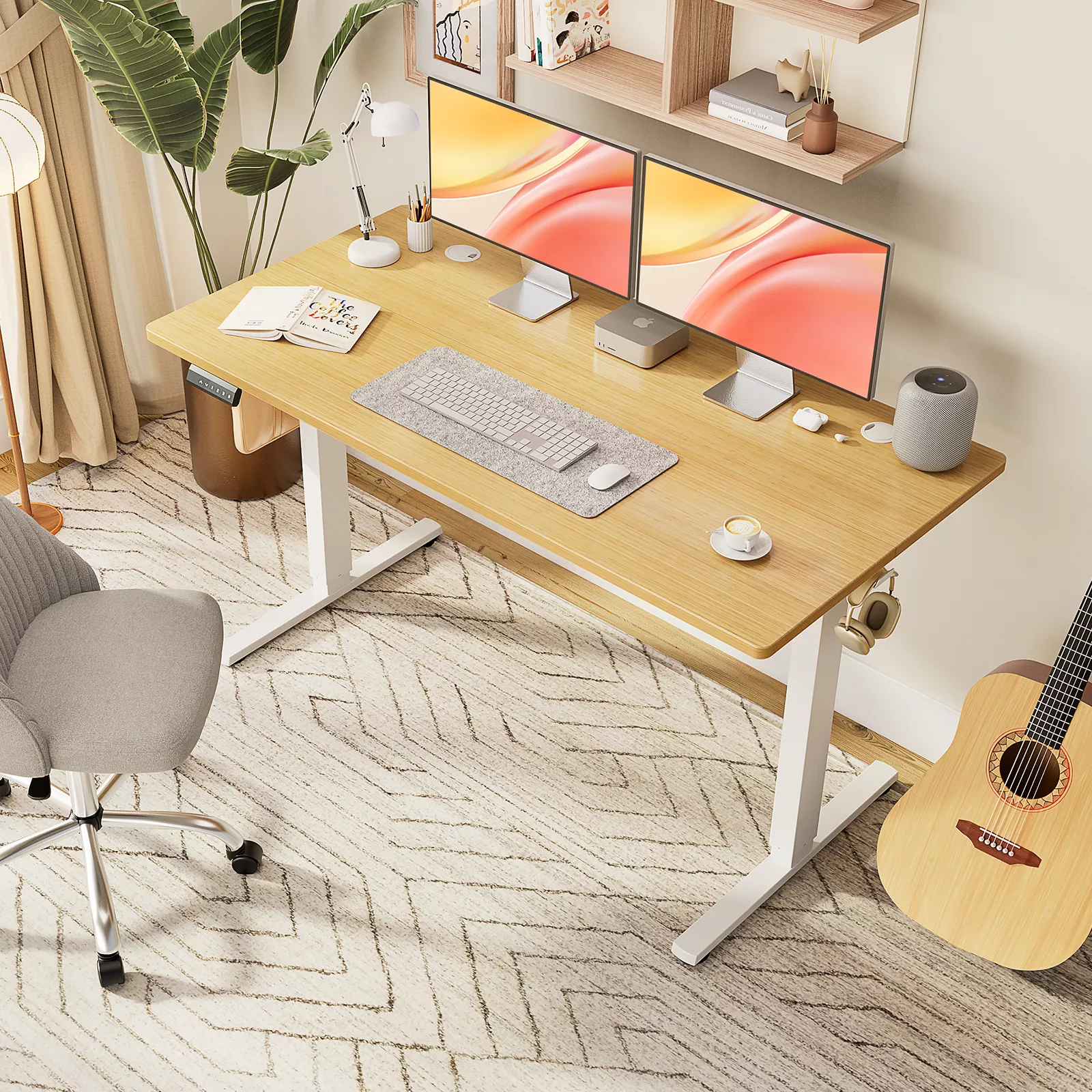 light-oak-dual-monitor-electric-desk-design-ideas