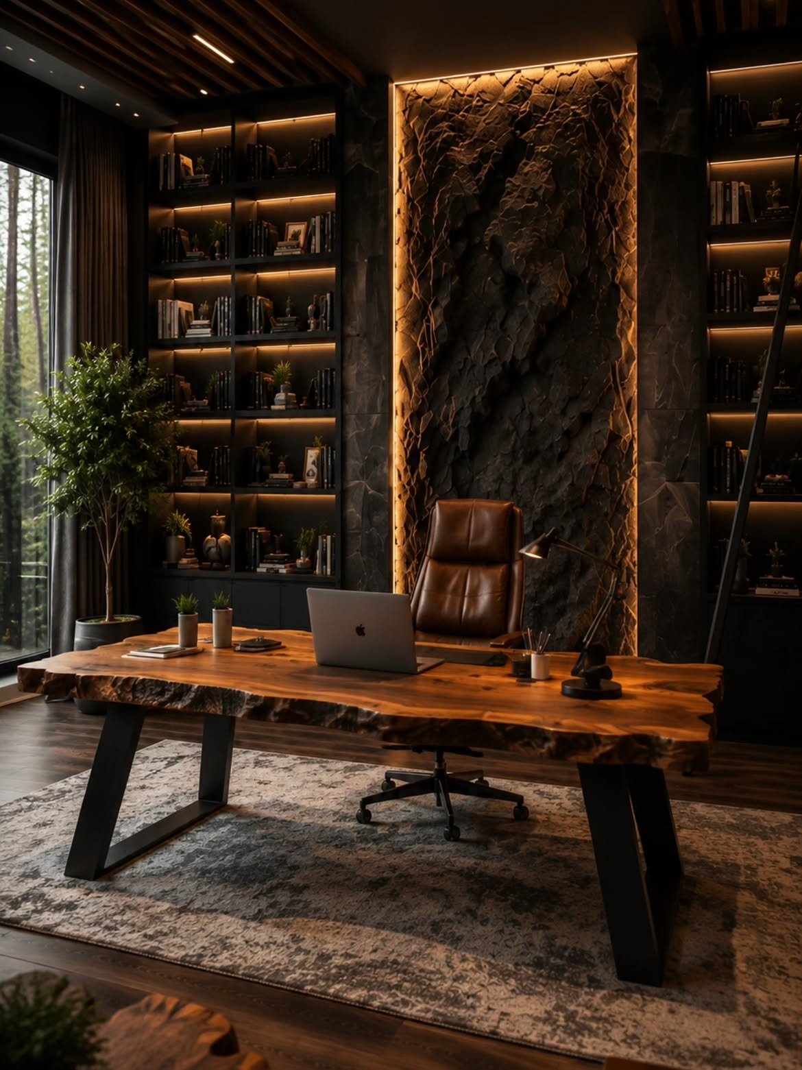 live-edge-wood-slab-office-with-stone-wall