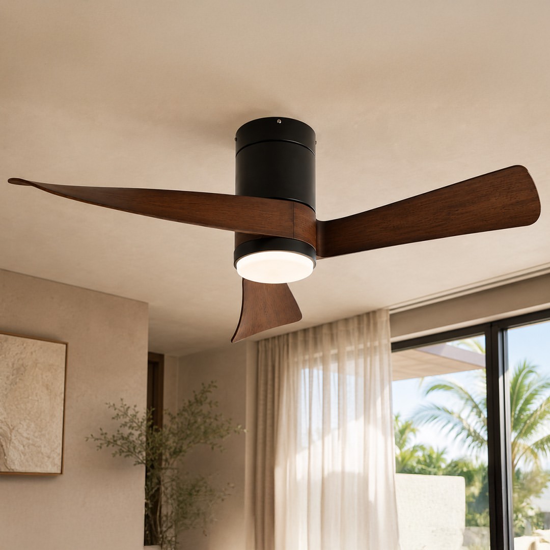 low-profile-dark-wood-flush-mount-ceiling-fan