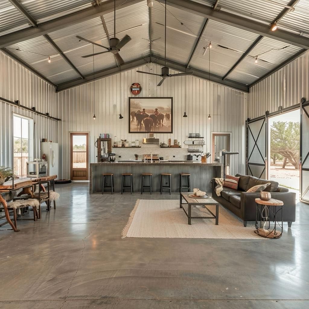 An open-concept barndominium interior with metal walls and ceiling, a kitchen island with bar stools, leather sofa, and polished concrete floor.