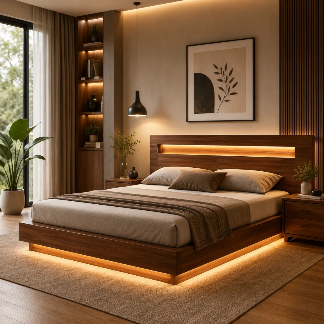 mid-century-platform-bed-with-built-in-headboard-shelf