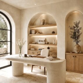 A Mediterranean-style home office with a sculptural plaster desk, arched built-in wood shelving niche, boucle chair, and arched window with olive tree view.