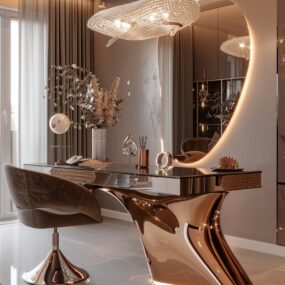A futuristic glam vanity with a sculptural rose gold metallic base, curved backlit mirror, crystal cloud chandelier, brown leather swivel chair, and pampas grass arrangement.