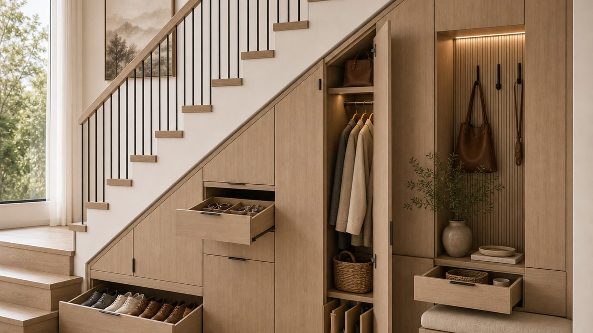 modern-under-stair-mudroom-light-oak-cabinets-pull-out-shoe-drawers-coat-closet-bench